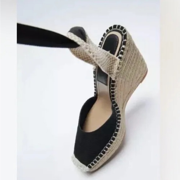 Zara Black Tied Raffia Espadrille Wedge Shoes NWT SZ 10 EU 41 - Picture 4 of 11